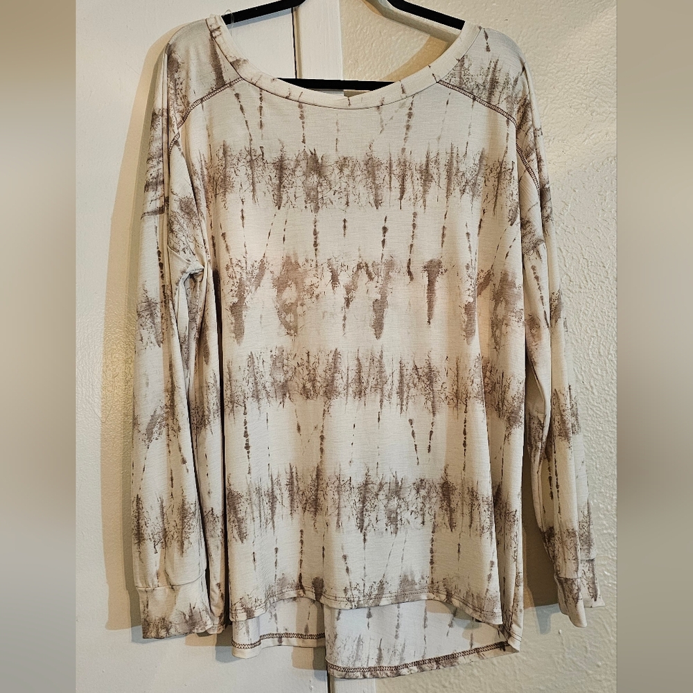 SewInLove XL Cream&Brown TieDye RoundNeck CrissCrossBack Long Sleeve Lightweight